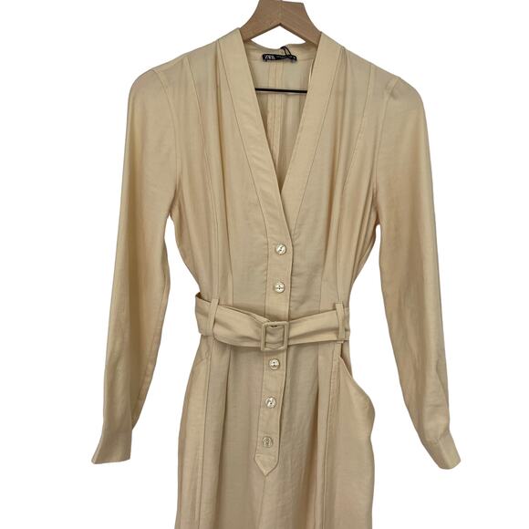 Zara Blogger Fave Jumpsuit Belted Button Front Long Sleeve Utility Cream NEW S - Picture 4 of 13